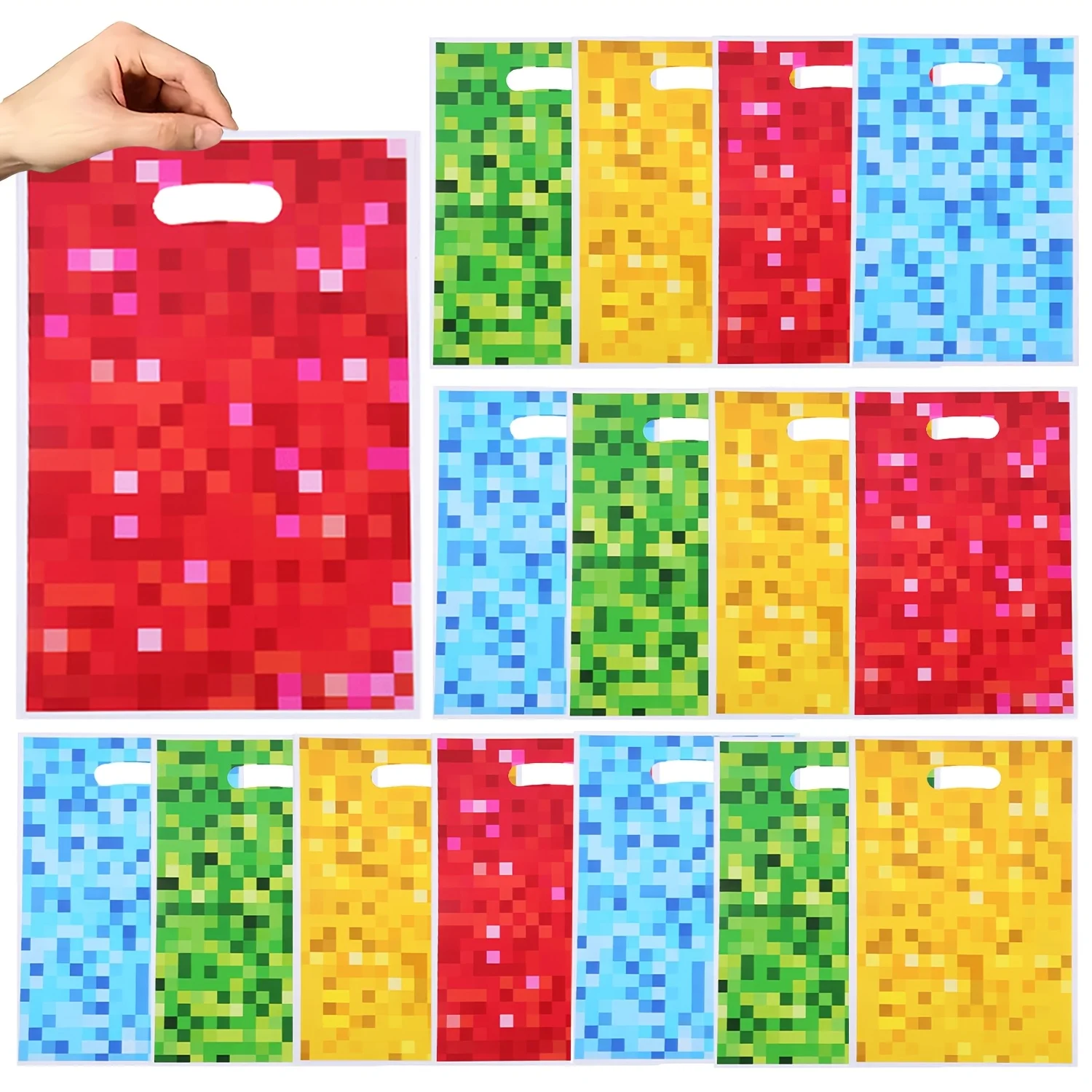 Sacs cadeaux portables à impression de pixels nacrés, sacs de fête colorés pour cadeaux de retour, fournitures de décoration pour anniversaires, fêtes de famille et célébrations.