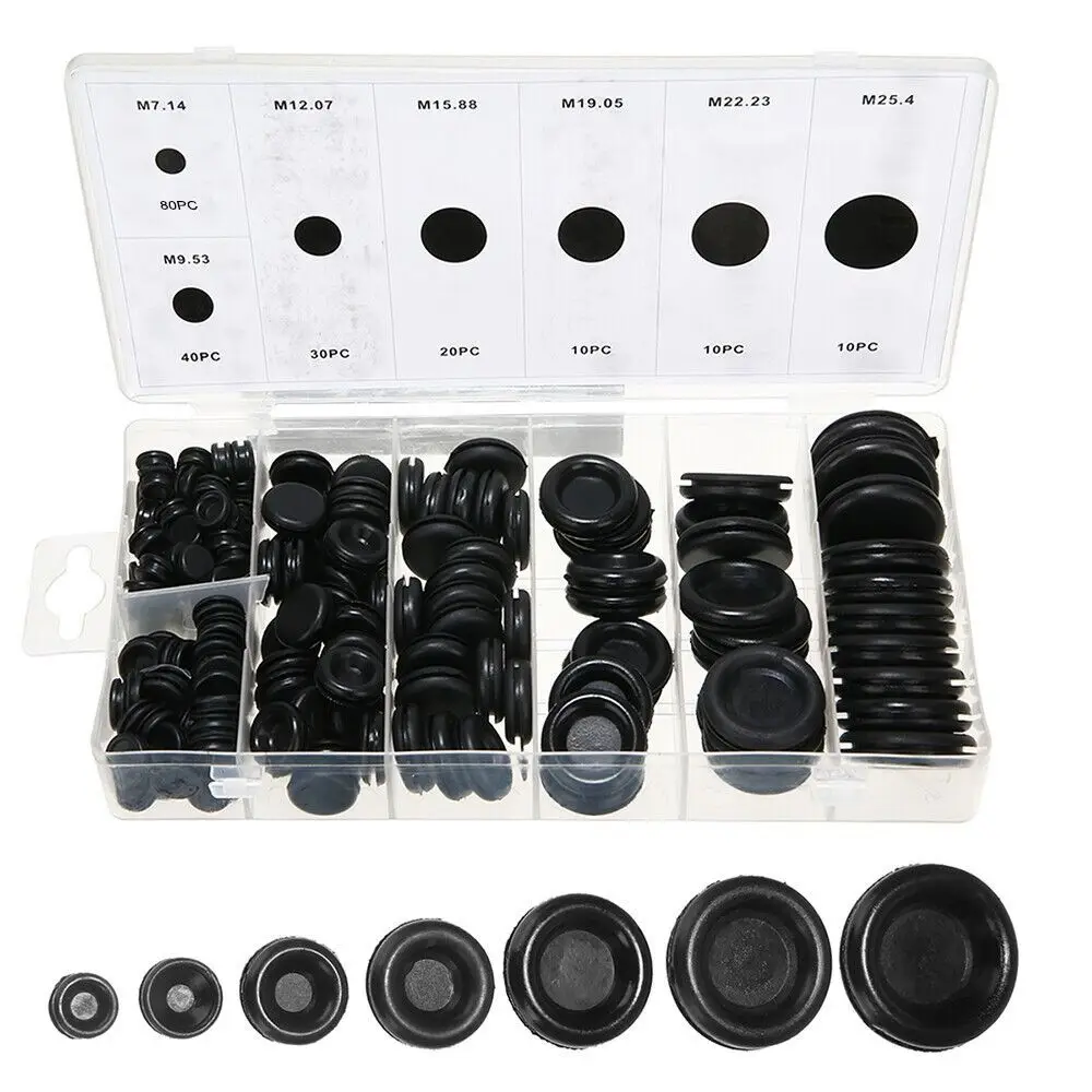 

200Pcs NEW Black Grommet Kits Closed Hole Plugs 7 Sizes Washers for Wiring Grommet O-ring Rubber Grommets