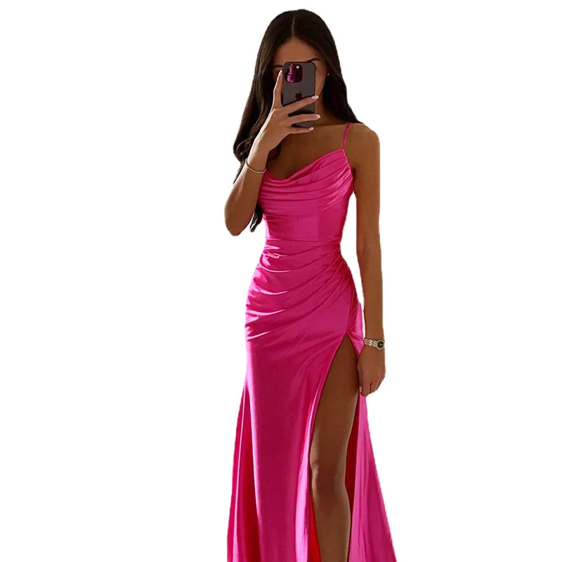 Spring New Party Formal Dress Women\'s Sexy Solid Slim High Waist Slit Dress Women\'s V-neck Spaghetti Strap Pleated Elegant Dress