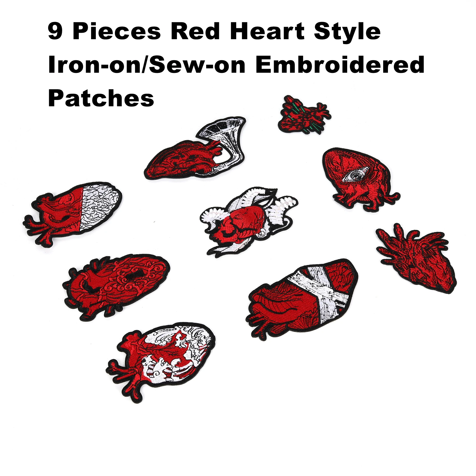 

9Pcs/Lot Red Heart Style Iron-on/Sew-on Embroidered Decorative Patch Hot Melt Adhesive Sticker for DIY, Jeans, Backpack,Badges