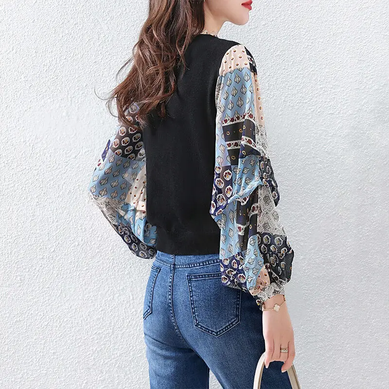 Fashion Knit Chiffon Patchwork Fake Two Pieces Shirt Women 2023 Spring New Casual Loose Lantern Long Sleeve Ruffled Neck Blouse