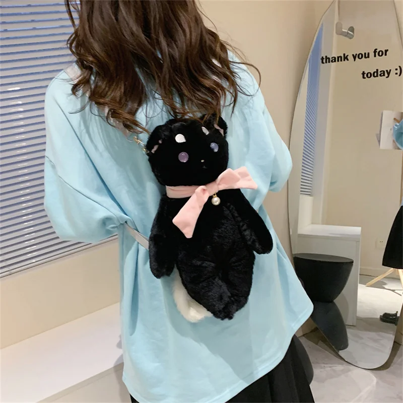 Kawaii Black/white Cat Bag Women Cartoon Plush Shoulder Bag For Women  Plush Bag  Plush Backpack  Cute Backpack