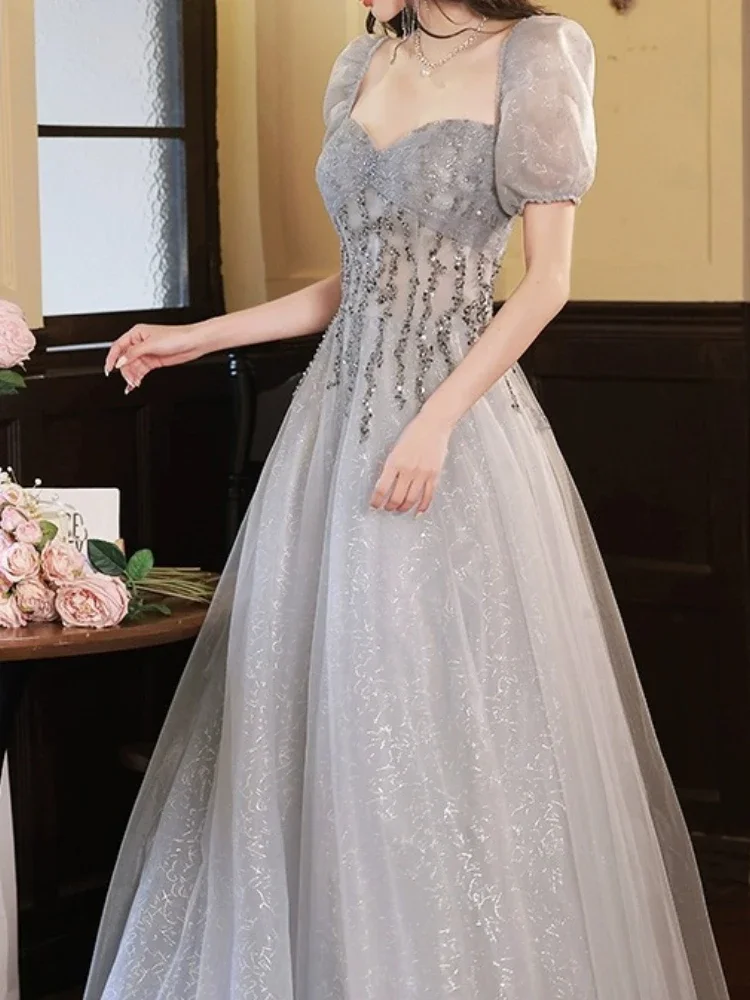 Customized Elegant French Square Collar Puff Sleeve Vestidos Aesthetic Sequin Appliques Slim Waist Princess Dress Sweet Mesh Tie