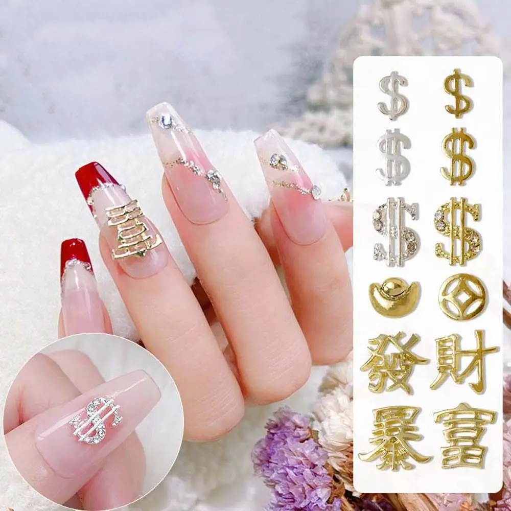 

Funny Gold Silver Dollar Figure Nail Charm Diamond Chinese Character Get Rich Nail Part DIY Nail Art Decoration Nail Accessories