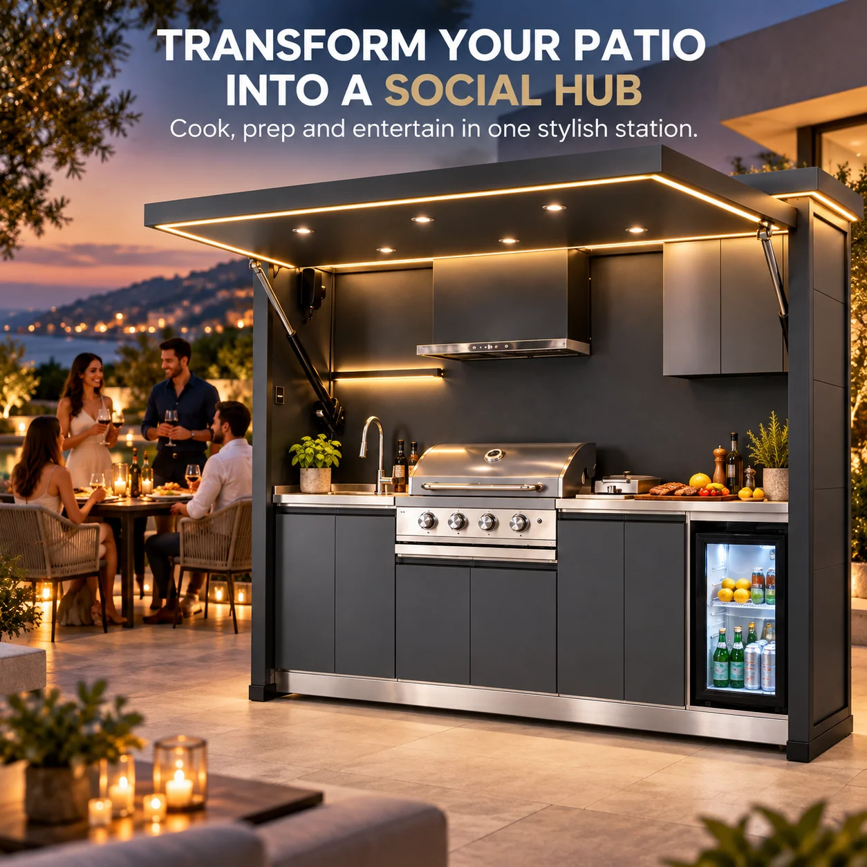 Stainless Steel Modular BBQ Island Outdoor Kitchen Kamado Grill Cabinet Equipped With Smoker and Pizza Oven For Home Party Use