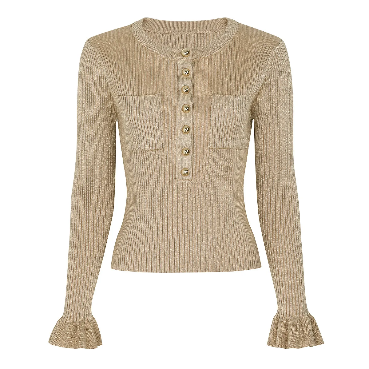 Conjuntos elegantes de punto de 2 piezas con cuello redondo y botones de Metal, Top de manga corta y faldas elásticas, trajes informales de verano para mujer