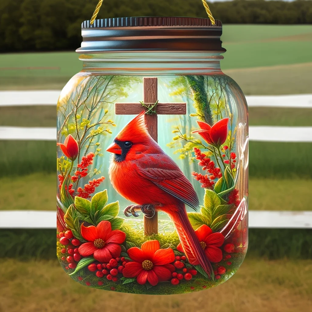 Radiant Red Cardinal Cross Mason Jar,Window Door Hanging Ornaments,Home Art,Room,Kitchen,Farm,Farmhouse,Office,Gift Shop Gifts