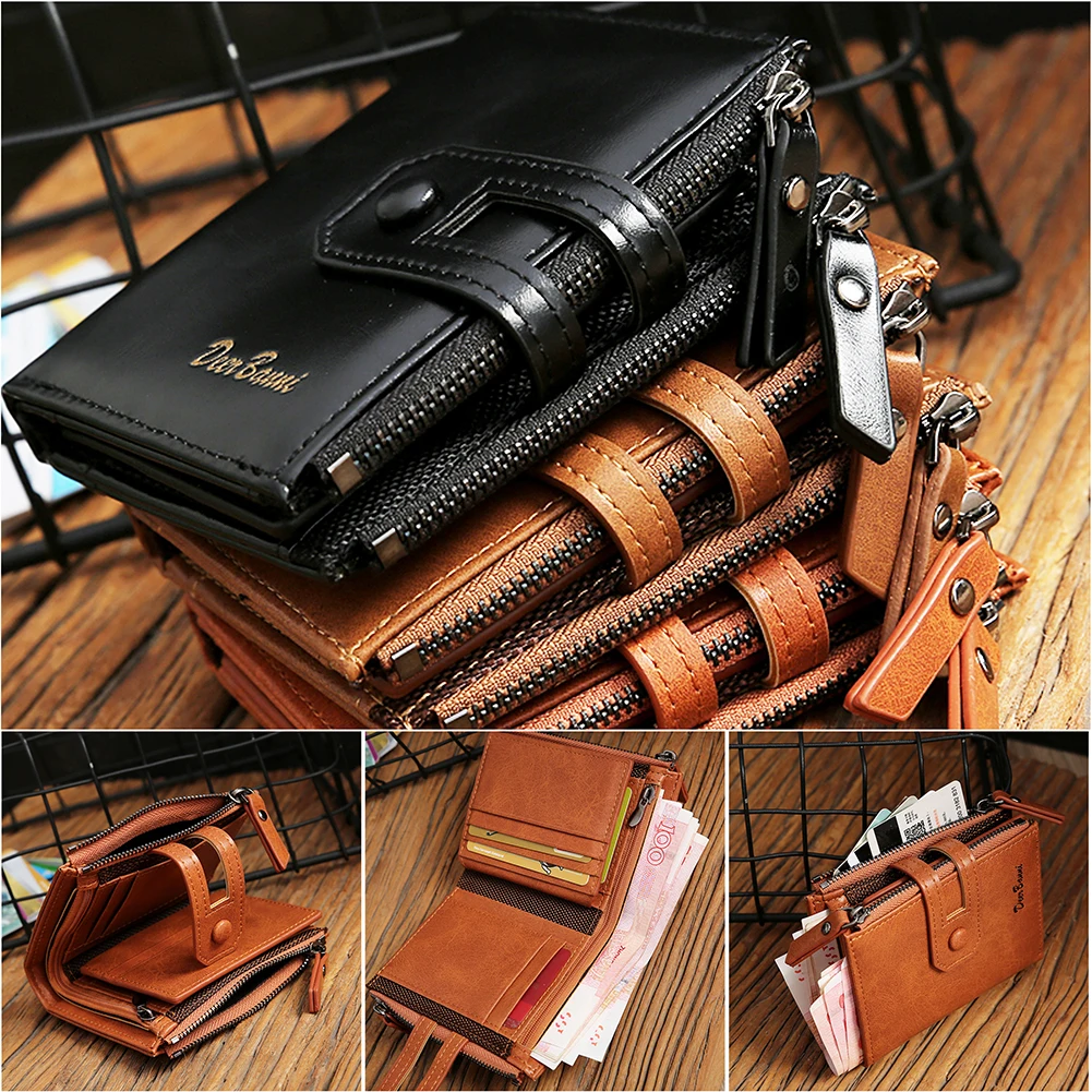 Men's Short Wallet Double zipper Multi Card Slots Holder Coin Purses With Snap Button PU Leather Billfold
