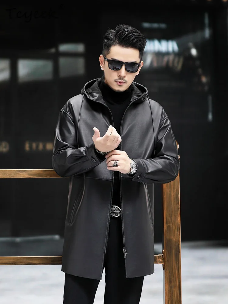 Tcyeek Natural Calfskin Real Leather Jacket Men Mid-length Trench Coat Spring Autumn Clothes Man Loose Fit 2026 Jaqueta De Couro