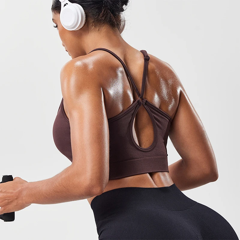 Soutien-gorge de sport pour femme à dos ajouré et bretelles réglables, en maille respirante, col en U, style crop top, pour le yoga, le fitness et l'entraînement