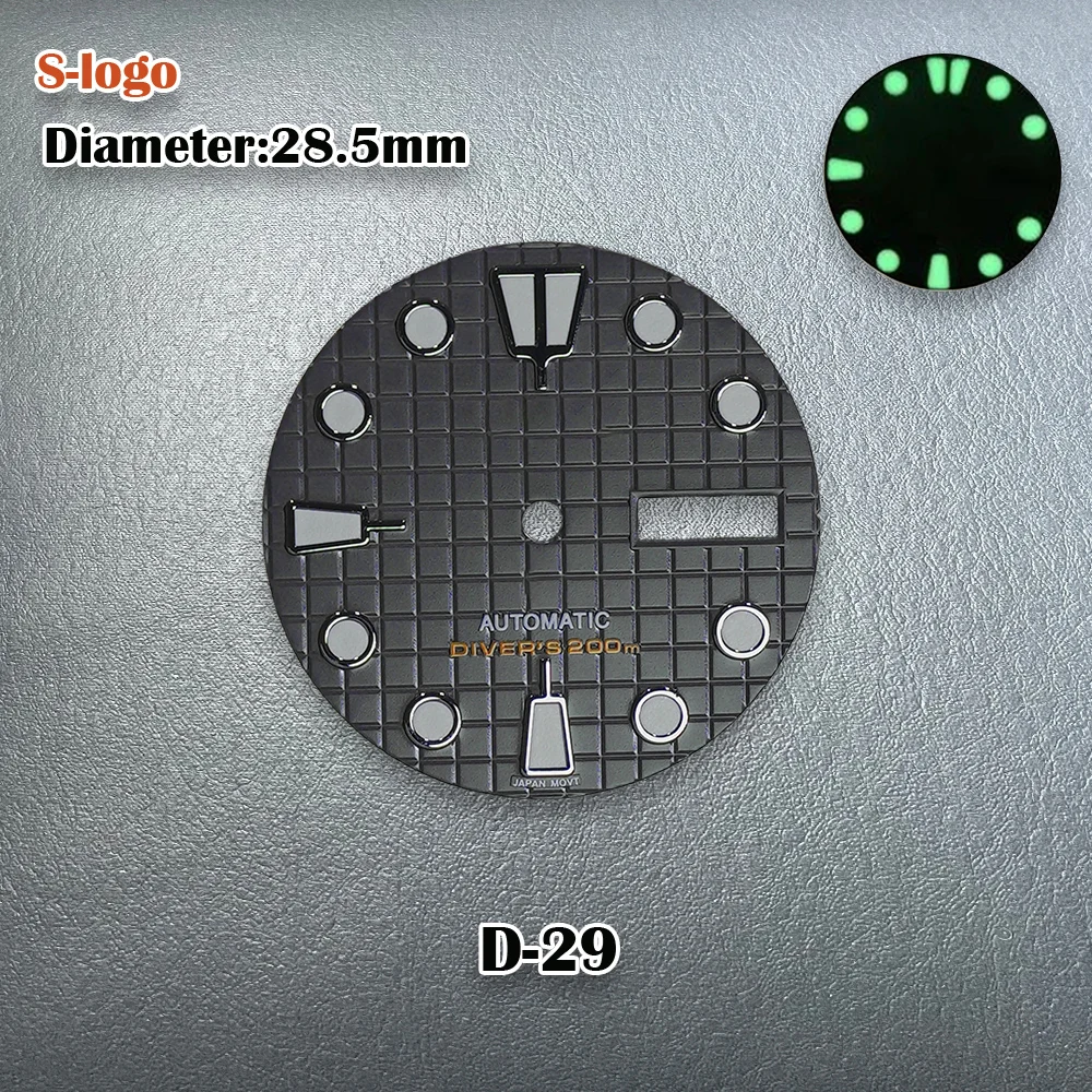 New 28.5mm NH36 Dial Waffle Dial SUB/SKX007 Dial Suitable For NH36 Movement C3 Green Luminous Watch Accessories With S Logo