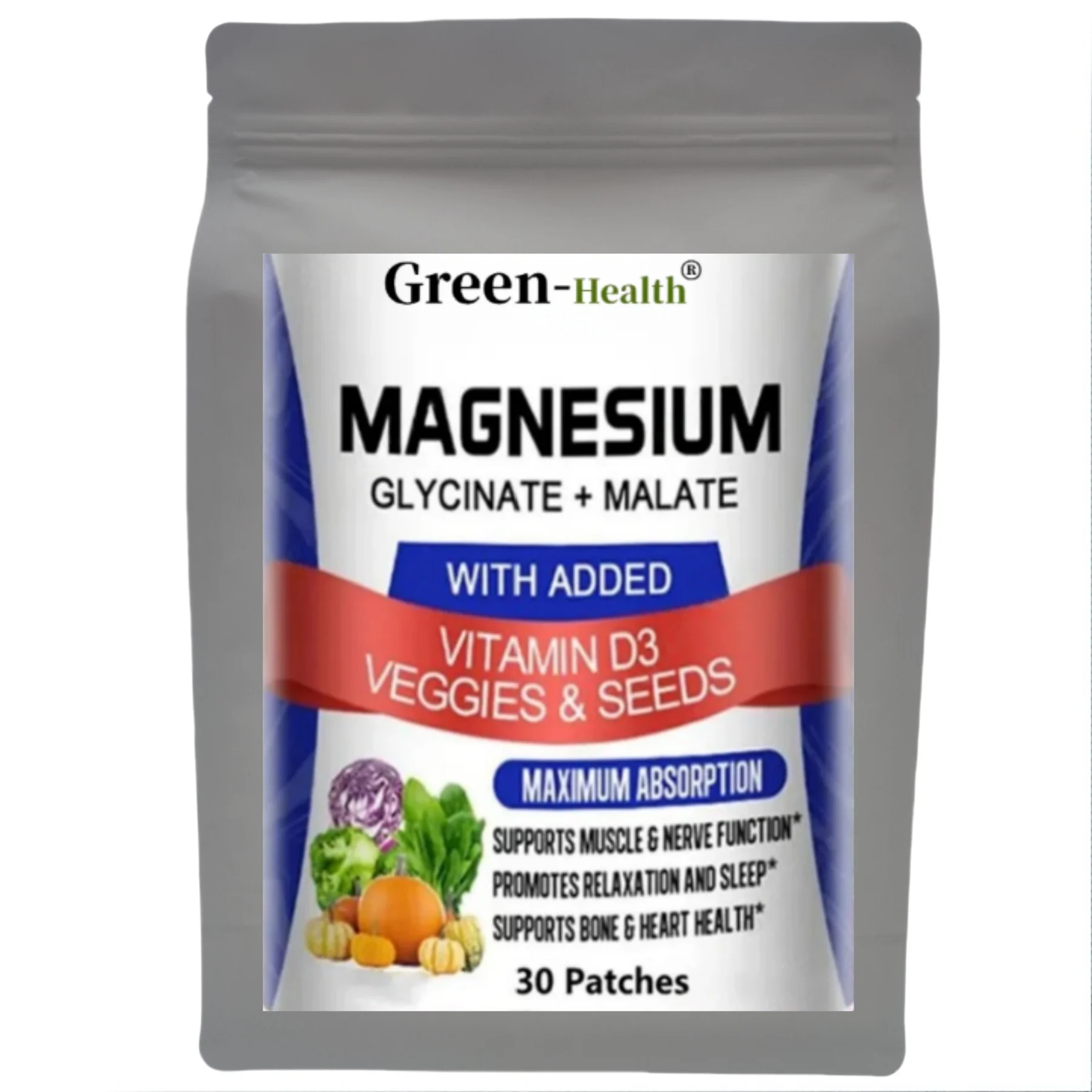 A5YE  Magnesium Glycinate & Malate Complex with Vitamin D3 - Max Absorption Patches for Bone, Heart, Sleep, Nerves - 30 Patches