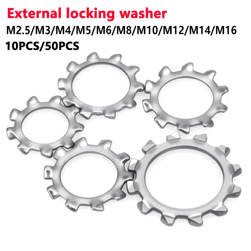 304 Stainless Steel External-Tooth Star-Shaped Lock Washers M2.5, M3, M4, M5, M6, M8, M10, M12, M14, M16 10–50 Pieces