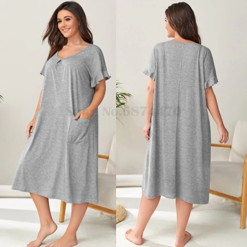 Plus Size 3XL 4XL 5XL Ruffled Nightdress Sexy Women\'s Pocket Nightwear Loose Casual Intimate Lingerie Home Wear Simple Nightgown