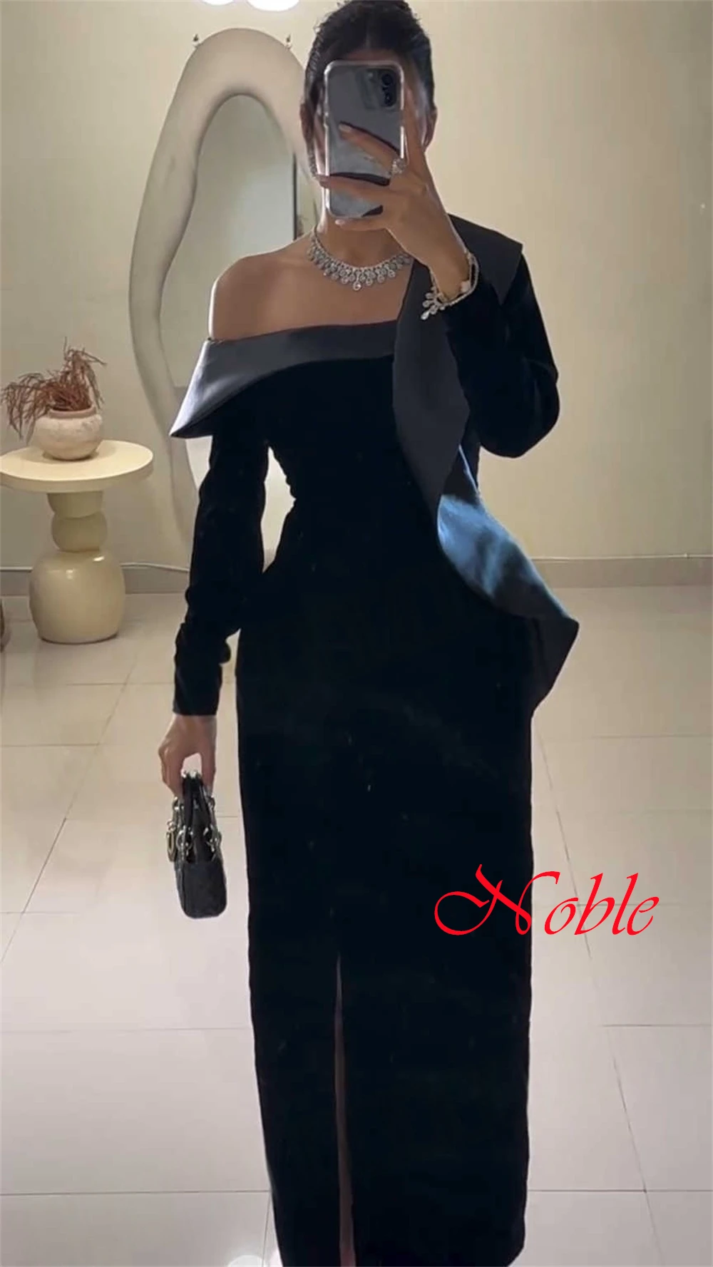

Customized Black Tea Length Side Slit Graceful Evening Dress Velvet Satin Long Sleeves One Shoulder Bespoke Occasion Gowns