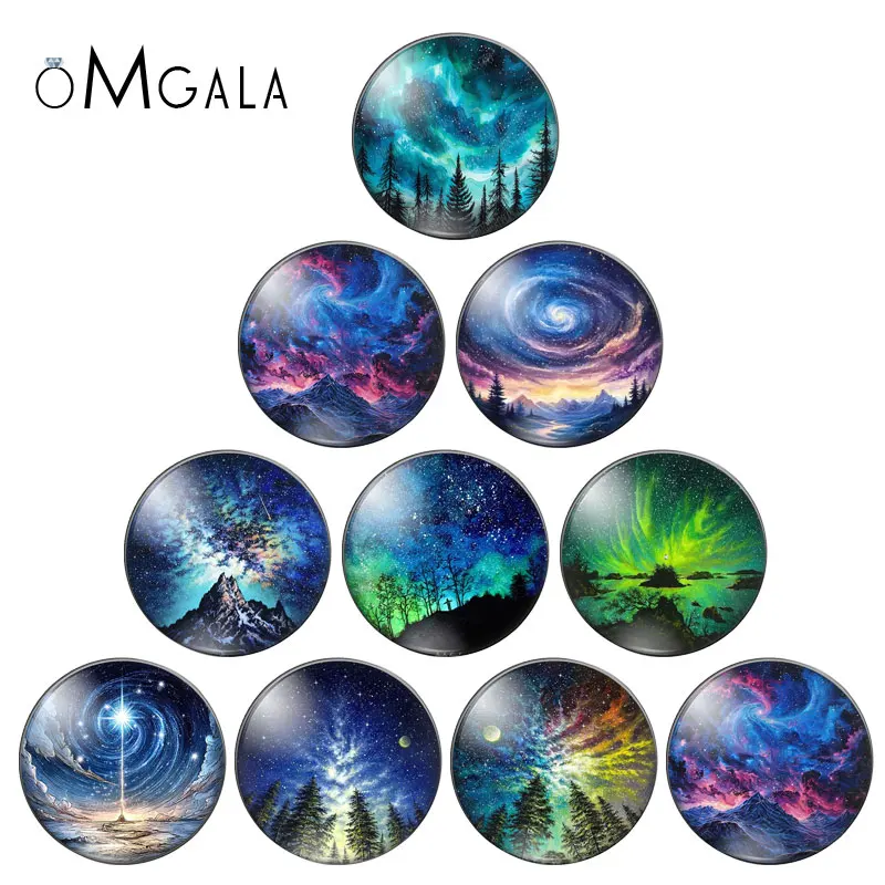 Dreamy starry sky aurora art paintings 12mm/20mm/25mm Round photo glass cabochon flat back Making findings Jewelry