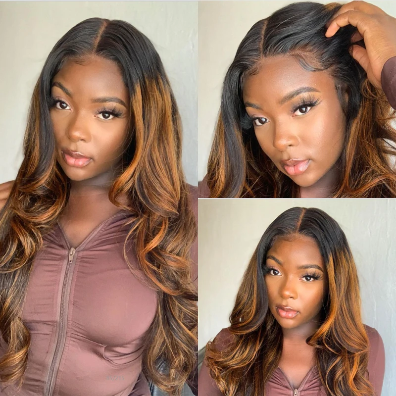 Julia Hair Highlight Brown Body Wave Frontal Wig 13x4 Brazilian Body Wave Lace Wig 16-24inch Pre Plucked Human Hair Wigs