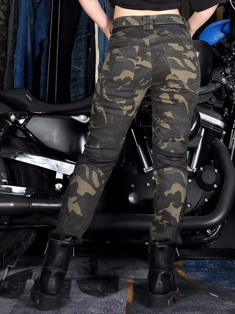 Camo duplo primavera verão coleção de equitação clássico denim pk720 motocicleta calças femininas moto elástico ajuste jeans 4 engrenagens