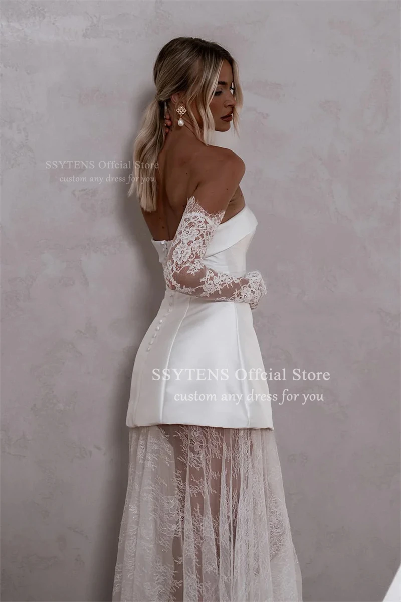 SSYTENS Elfenbein-Satin, kurze Brautkleider, trägerlos, Spitze, A-Linie, formelle Ballkleider, ärmellos, sexy Brautkleid für Damen, individuell gestaltet