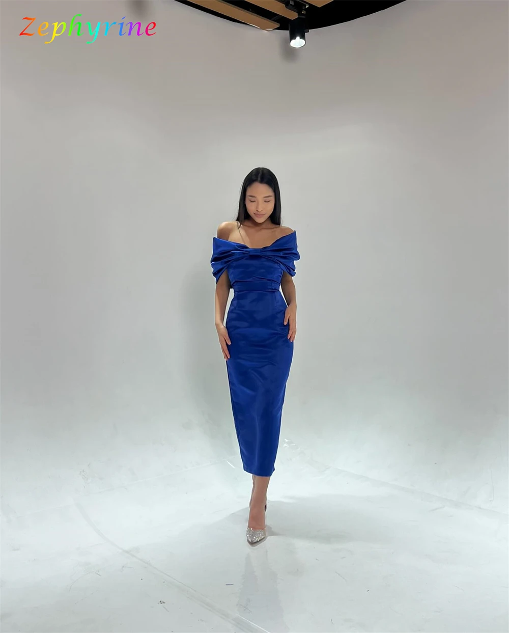 Customized Mermaid Exquisite Blue Satin Evening Dress Classic Off the Shoulder Sleeveless Homecoming Dresses Vestido De Festa