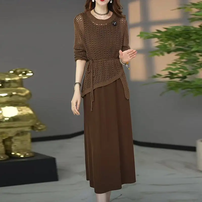 

Fashion Knitted Shirt Dress Two Piece Set Spring and Autumn Casual Versatile Temperament Set for Women