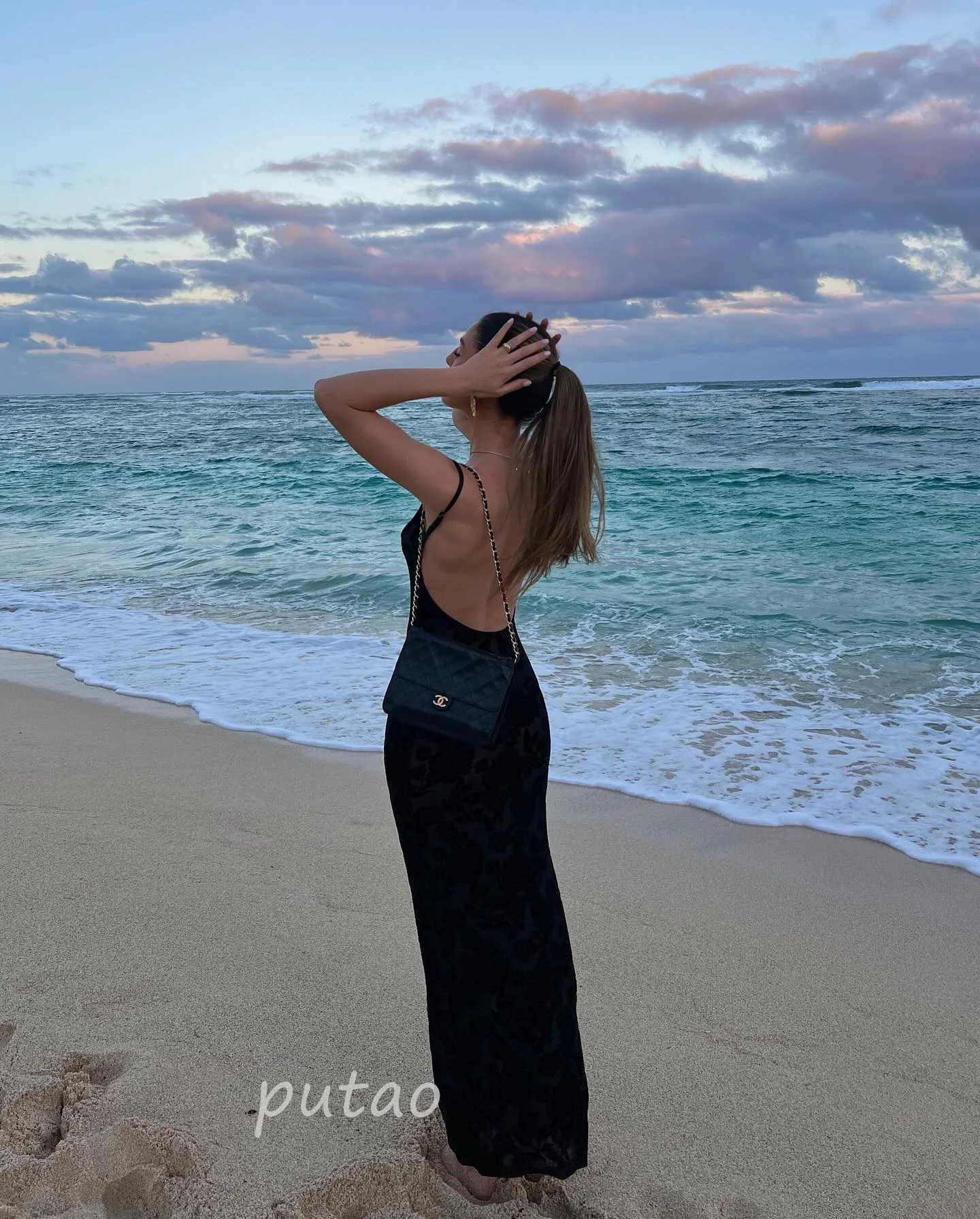 PuTAO-Robe de soirée en dentelle pour femmes, tenue de plage, dos nu, sexy, bretelles spaghetti, fibre, célébrité, fête, longue, formelle, quel que soit le noir