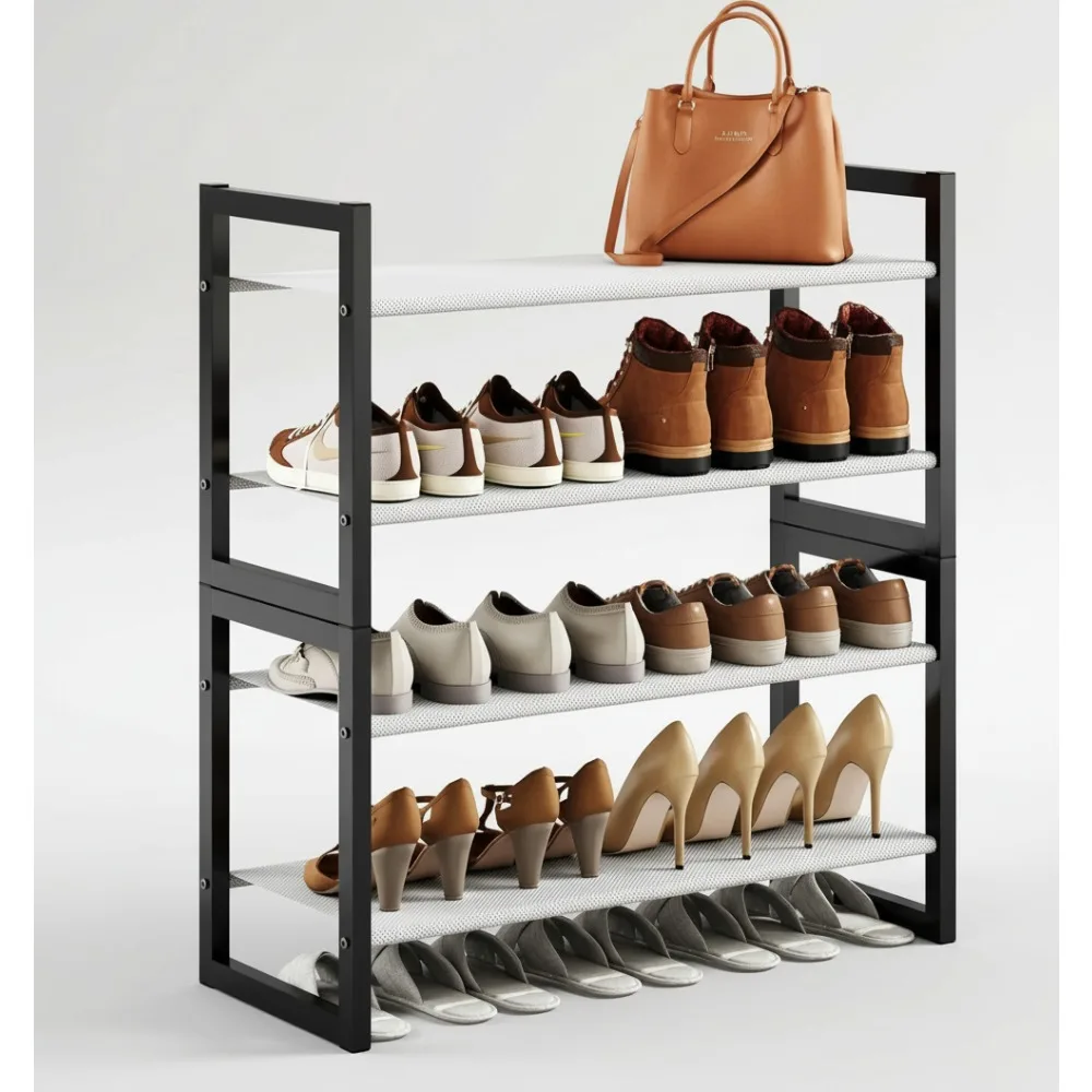 

Stackable 11.8" Deep Shoe Rack with Thick Non-Woven Shelves, Easy Assembly Metal Frame Organizer for Entryway & Closet - 4 Tier