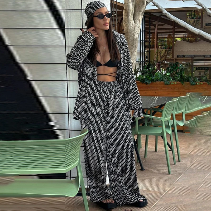 

Fashion Women Black Printed 2 Piece Sets Outfits Elegant Lapel Long Sleeve Loose Shirt And High Waist Lopse Pants Sets