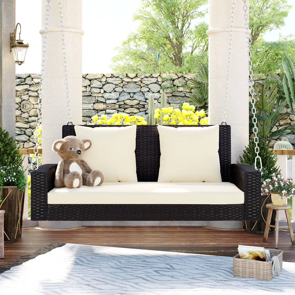 

GO 2-Person Wicker Hanging Porch Swing Chains Cushion Pillow Rattan Swing Bench Garden Backyard Pond(Brown Wicker Beige Cushion)