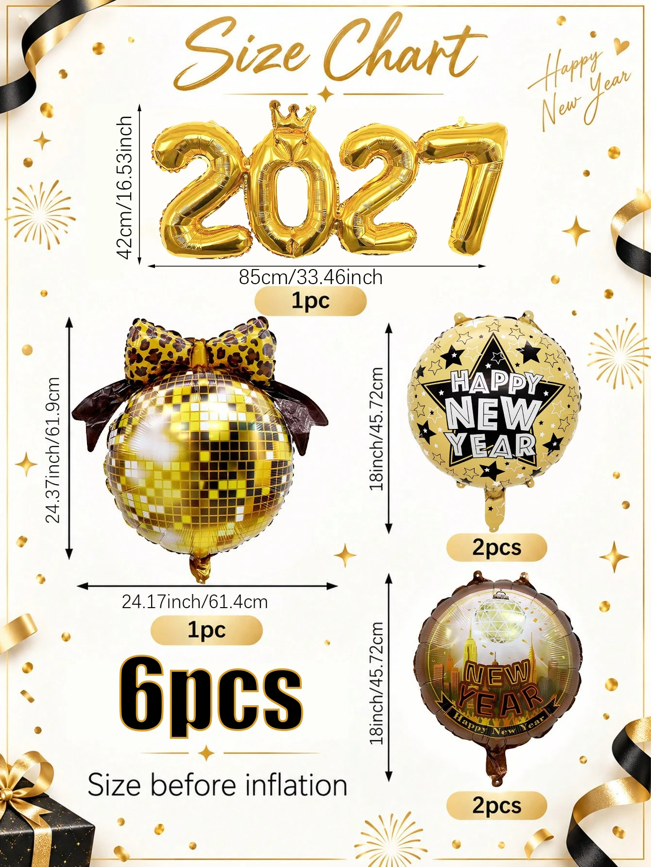 6-Piece Black and Gold Disco Ball and Bow Foil Balloon Set – Perfect for 2027 New Year's Eve parties, black and gold themed even