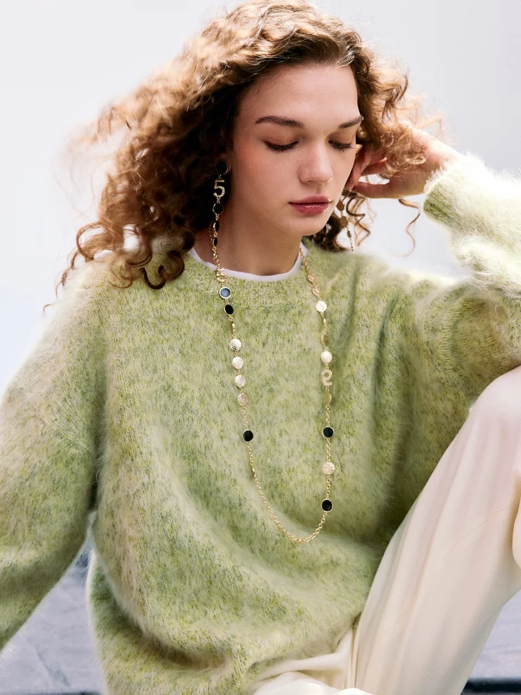 Birdtree, maglione lavorato a maglia con paillettes 100% cashmere, maglieria a maniche lunghe con scollo a O da donna, pullover allentato autunno 2025 T59002JF