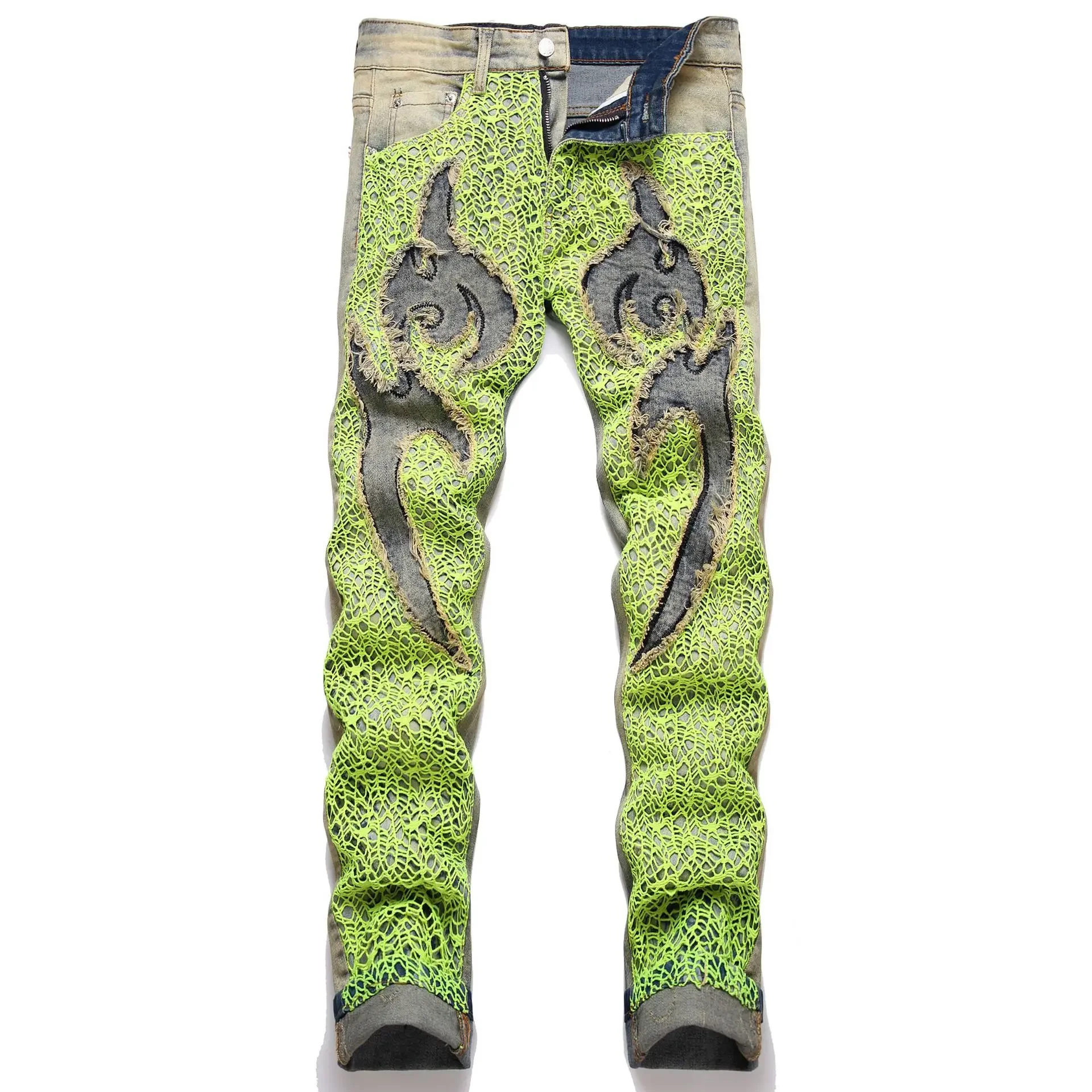 

Punk Style Green Spider Web Patch Embroidery Men's Jeans Streetwear Slim Fit Distressed Denim Pants Male Casual Straight Trouser