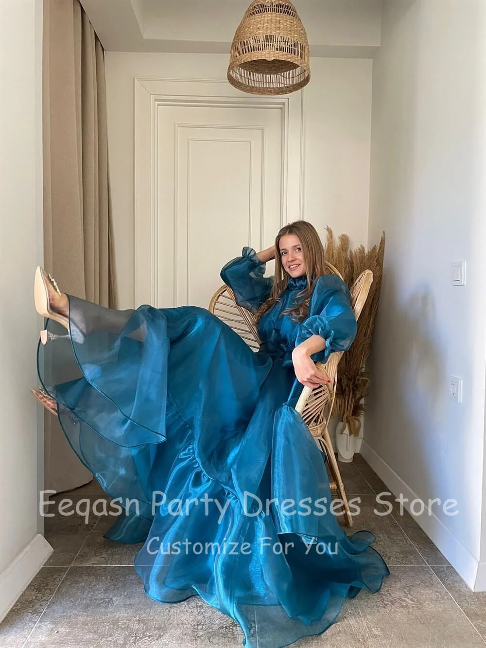 A Line Teal Blue High Neck Organza Prom Dresses Lining Long Sleeves Women Evening Gowns High Neck Customized Formal Party Dress