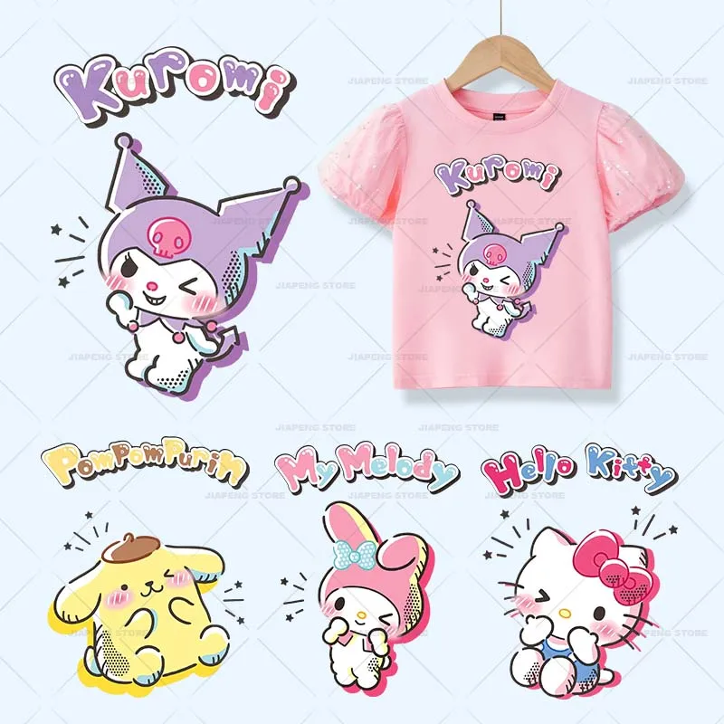 Cartoon Cinnamoroll Printed Stickers For Clothes Sanrio Kuromi Hello Kitty Patches Iron on Transfers On Girls T-shirt Appliques