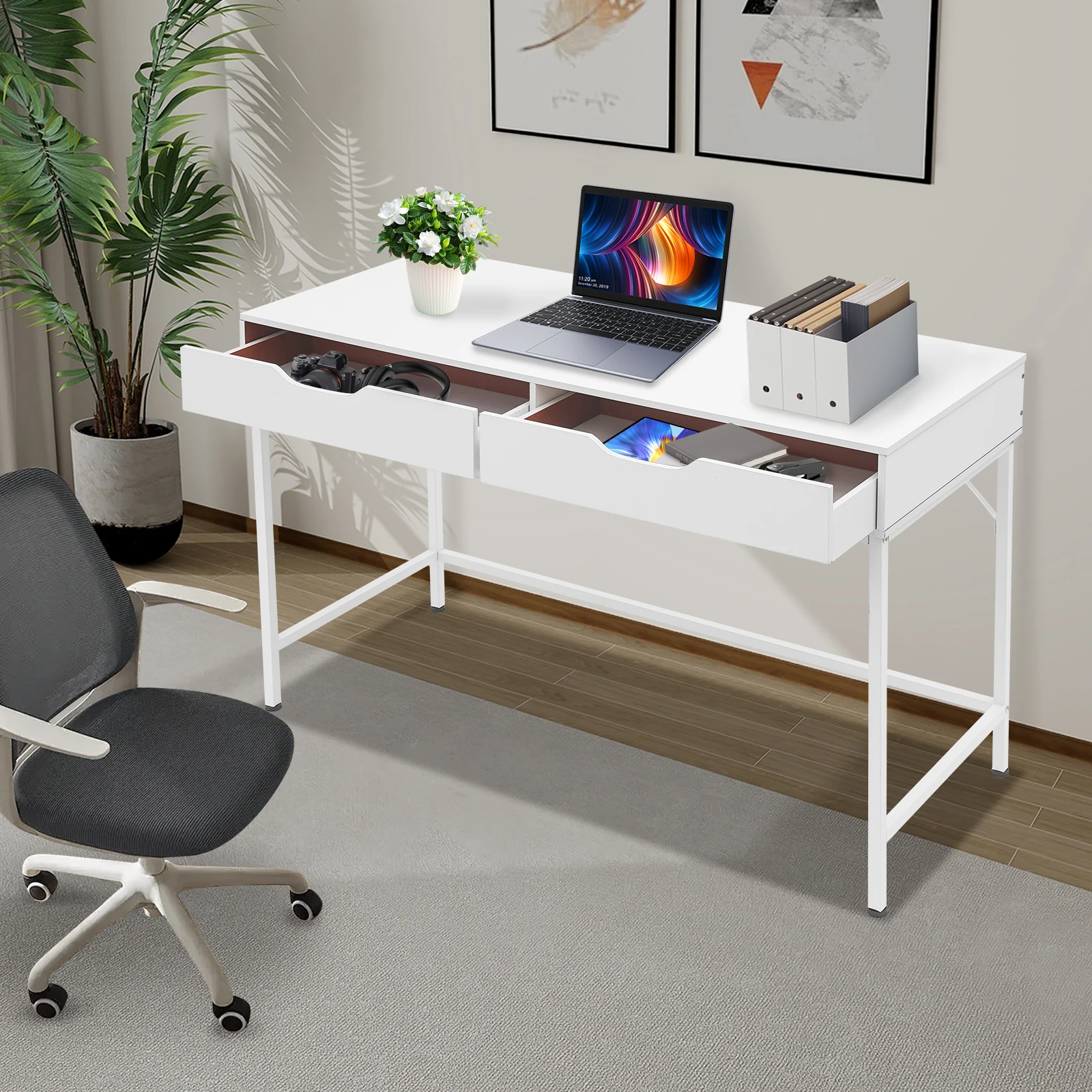 Modern Computer Desk with 2 Drawers Study Writing Office Desk Metal Frame White Rectangular