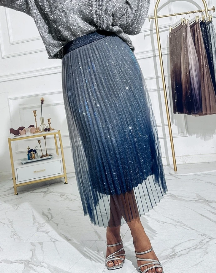 Women's fashionable casual half skirt 2024 autumn new Ombre transparent mesh A-line pleated sparkling skirt