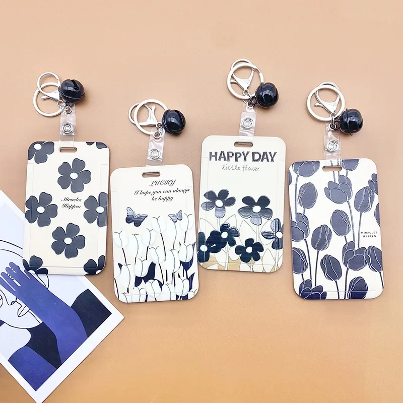 1 Pcs Simple Black And White Flowers Card Holder Campus Student Work Permit Bank Card Bus Card ABS Plastic Cards Cover