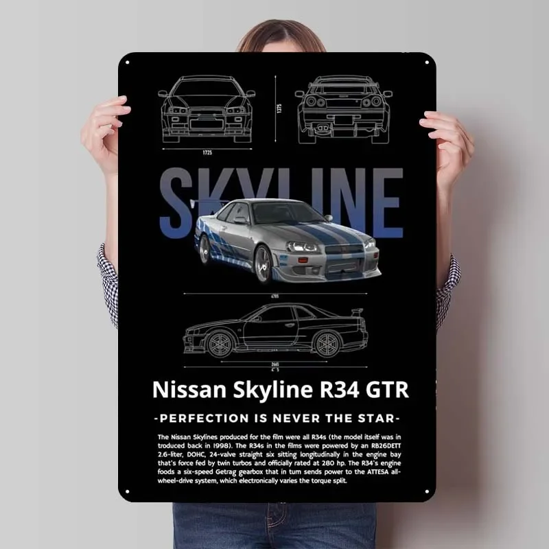 Nissan Skyline R34 GTR Metal Sign Cars Poster Wall Decor Living Room Decoration Man Vintage Metal Plate Home Decoration Luxury