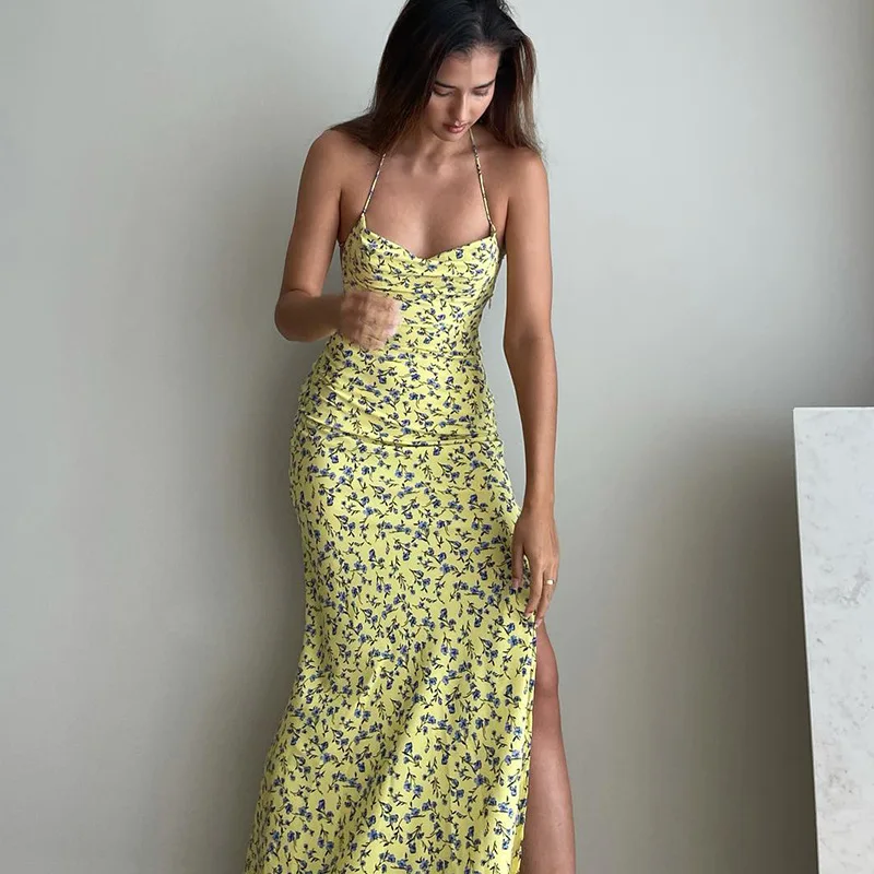 

Summer Women's New Sexy Floral Long Dress With Slit Open Back Strap Casual Elegant Dress