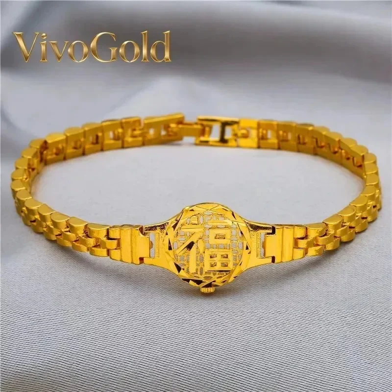 

Роскошный браслет VivoGold из чистого золота 9999 пробы с иероглифом «Фу» для женщин, круглый, с цепочкой для часов
