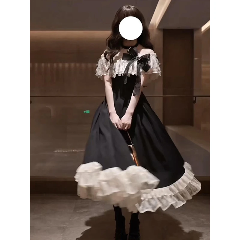 

MEXZT Vintage Black Midi Dress Women Party Kawaii Lolita Bow Slash Neck Dresses Summer Harajuku Lace Halter Bodycon Vestidos New