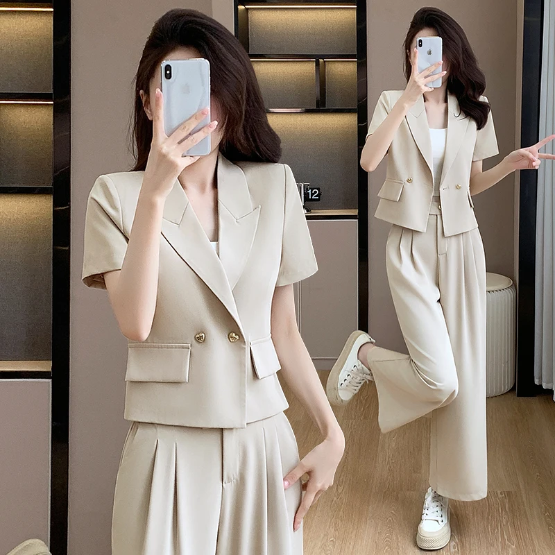 

Short Sleeve Suit Set Women's Casual Lightweight Summer Fashion Two-Piece Suit Slim Fit Pants Button up Top Nine-Piece Pants