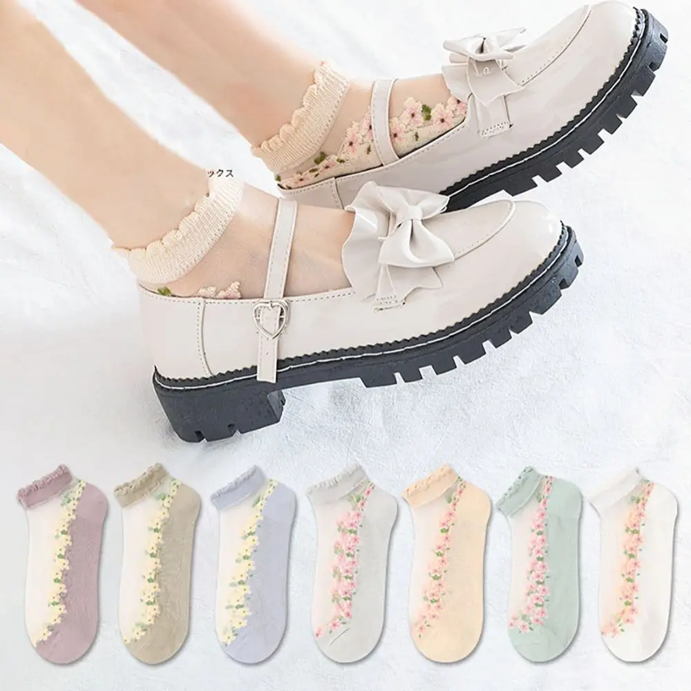 High Quality Breathable Crystal Glass Silk Socks Transparent Silk Lastic Socks Jacquard Lace Short Socks