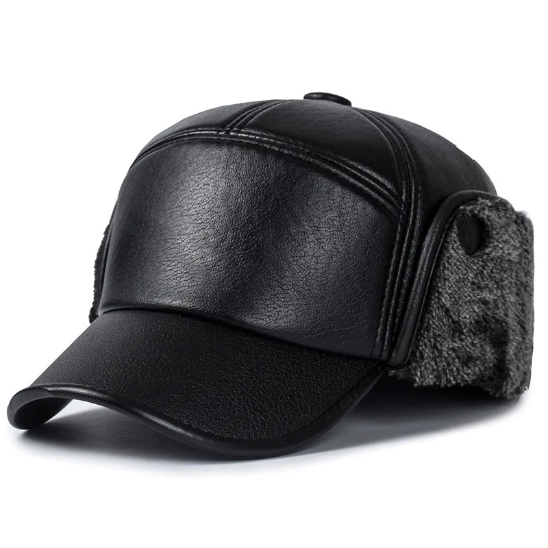 Hat Bomber New Winter Men Women Russian Black Leather Ushanka Cap With Ear Flaps Fur Warm Leather Brand Baseball Cap