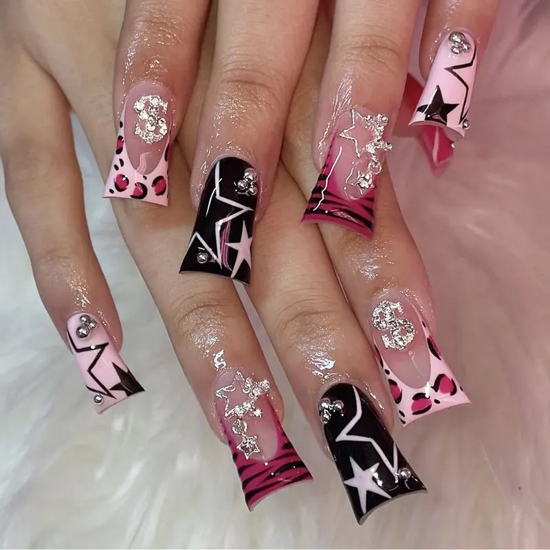 Press On Nails Duckbill Shape Leopard Print French Edge Star Rhinestone Steel Beads Detachable False Glossy Nail Art For Women