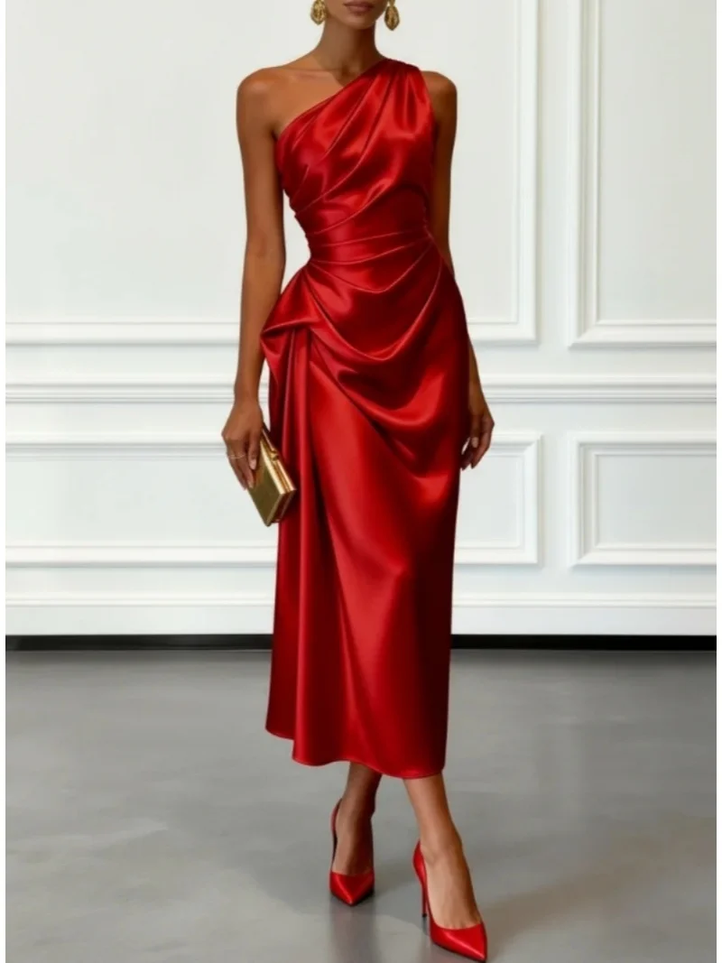 One Shoulder Satin Midi Dress With Ruched Waist Elegant Sleeveless Party Gown image 6