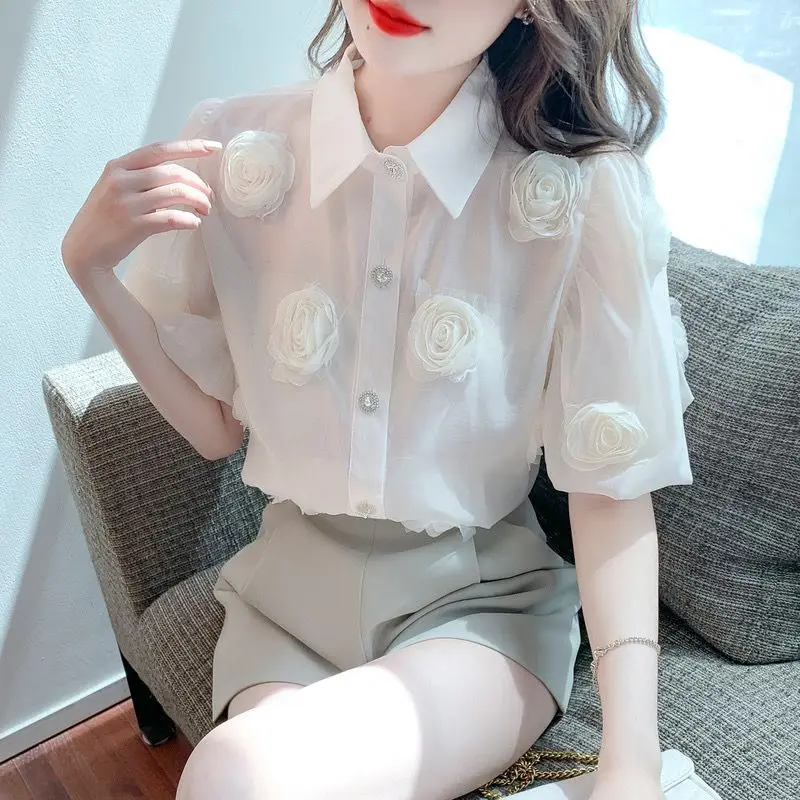 Summer Fashion Perspective Short Sleeve Blouses Ladies Patchwork Bright Line Decoration Shirts 2024 New Solid Women\'s Clothing