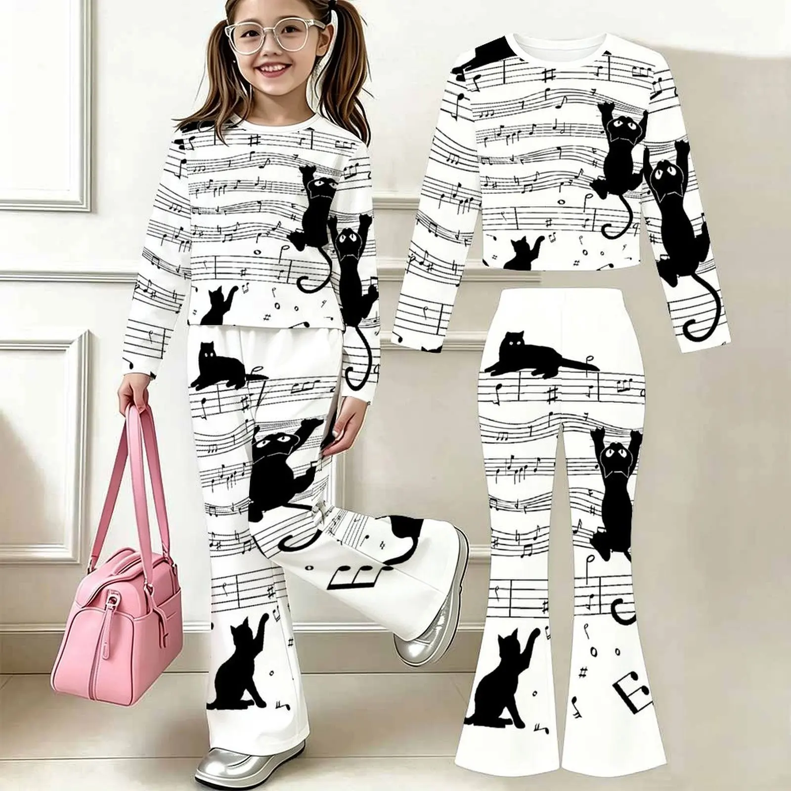 2pcs Children's Casual Pants Autumn Slim Two-piece Set Fashion Bell-bottomed Pants Winter Girls' Trendy T-shirt Jogging Pants