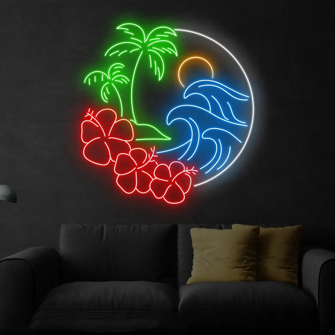 Palm Tree And Beach Neon Sign Sun Wave Neon Sign Bar Wall Decor Sunrise Sunset Home Bedroom Wall Decor Neon Sign