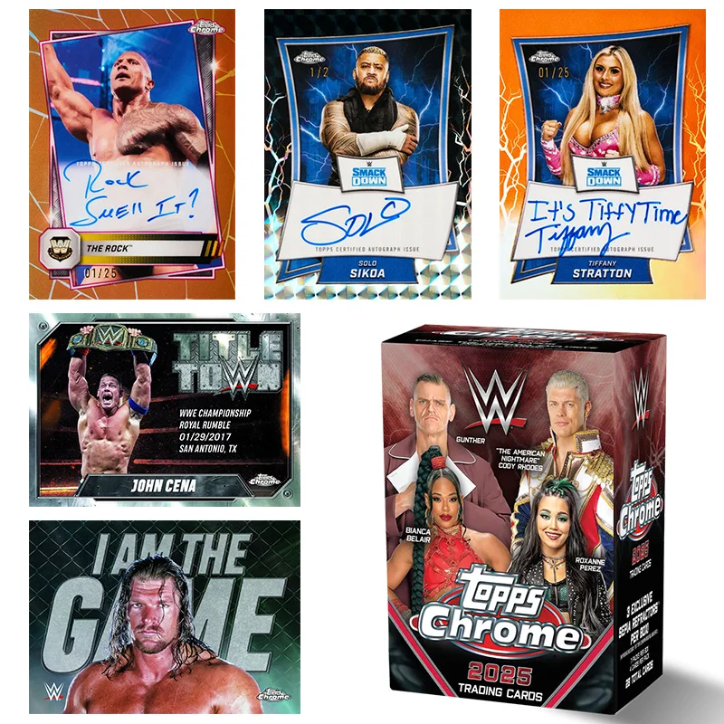 

Topps Chrome 2025 WWE Star The Rock John Cena Tiffany Styratton, коллекционные коллекционные карточки с автографом, коробка, подарок на день рождения, коллекция